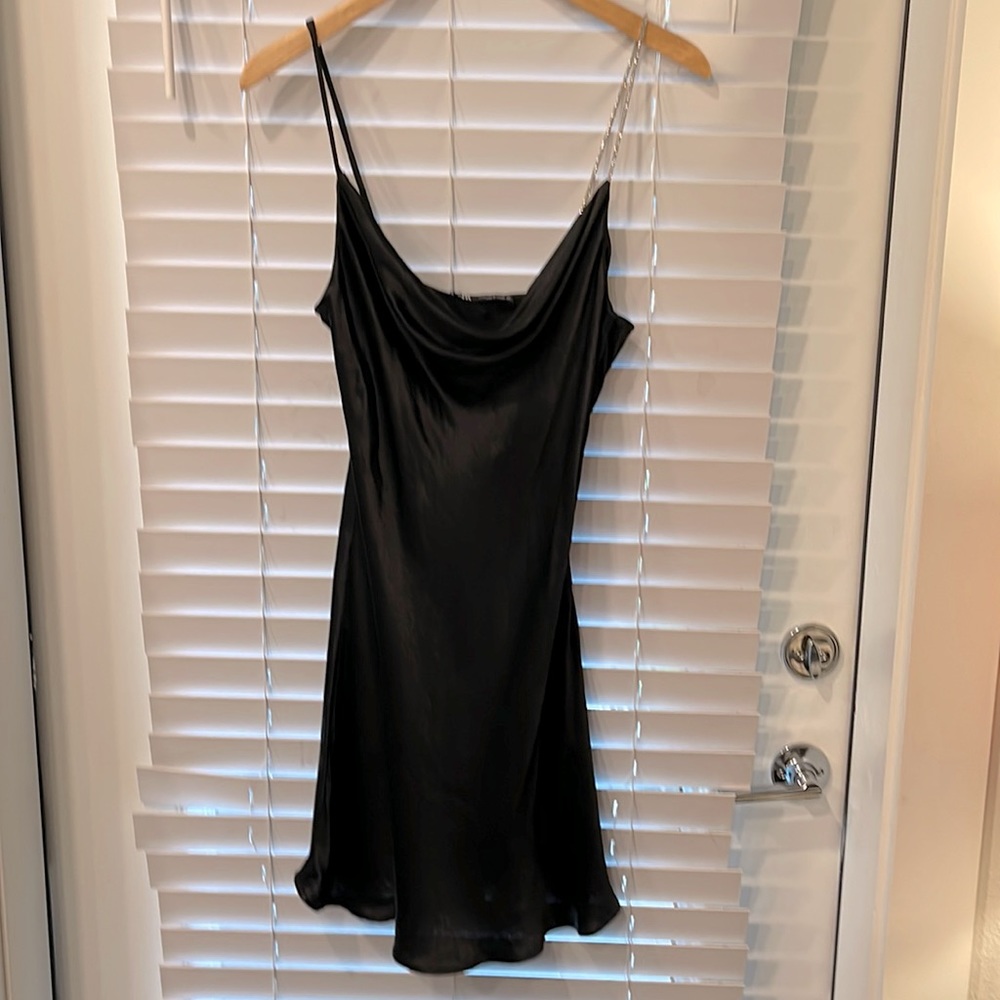 Satin Zara black mini dress with rhinestone strap Medium